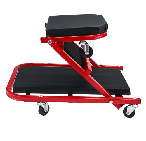 BOOMSTART Enredadera plegable de 40 pulgadas, asiento mecánico 2 en 1, taburete grande acolchado para orugas, taburete de taller de garaje resistente de 150 kg con 6 ruedas giratorias de 360° para