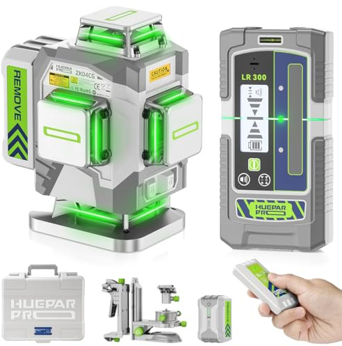 Huepar Pro Outdoor Nivel Láser con Receptor, 4 * 360° Autonivelante con Láser Verde, Nivelación de Alta Precisión en 4D con Batería de Iones de Litio de 8000mAh, Control Remoto y Estuche Rígido