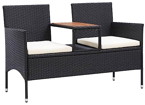 Mokuyary Panchina da giardino a 2 posti, con tavolo da tè, 143 cm, in polyrattan, colore nero, per giardino, terrazza, balcone