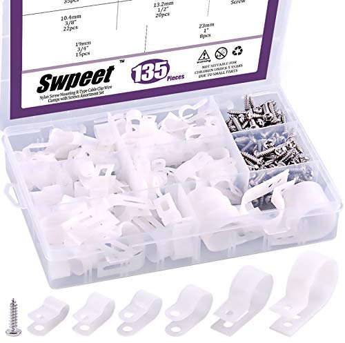 Swpeet 135 Pack Juego de 6 Tamaños de Grapas para Cables Tipo R de Nylon Plástico Blanco, Grapas de Montaje con Tornillos de Nylon de 1/4 5/16 3/8 1/2 3/4 1 para Fijación de Cables con 135 Pack