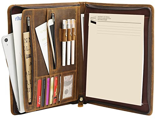 Ringsun Leather Portfolio Organizer with Zipper for Men Women, Leather Padfolio Business Resume Legal Pad Portfolio Notebook Binder for A4/Pad, Brown