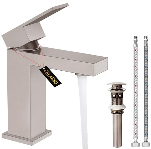 Bathroom Faucet Brushed Nickel - CELAENO Modern Single Handle Lead-Free Bathroom Faucet with All Metal Pop Up Drain, Heavy Duty Square Washbasin Mixer Tap for 1 Hole