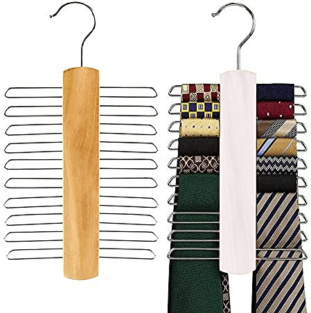 2 Stücke Krawattenbügel, Holz Krawattenhalter, Holzbügel Aufbewahrung, Krawatten Schlipshalter, 20 Haken Gürtelhalter, für Schals, Gürtel, Krawatten und Accessoires (2 Farben, 11,8 * 5,9 Zoll)