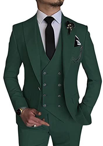 Wangyue 3 Piece Suit Slim Fit Double Breasted Mens Suits for Wedding Party Formal Prom One Button Blazer Vest Pants Sets Tailored Suits Large Tuxedo Business Hunt Green