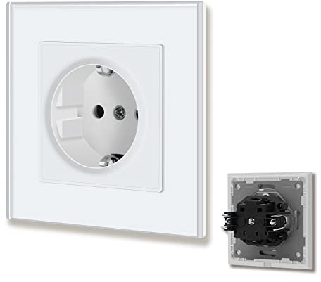 BSEED Enchufe de pared con Panel de cristal,Blanco Simple Schuko Enchufe con clips,16A 250V Tomas de corriente empotradas,Enchufe de pared aplicar para Cocina, Dormitorio,Oficina, Hotel, etc