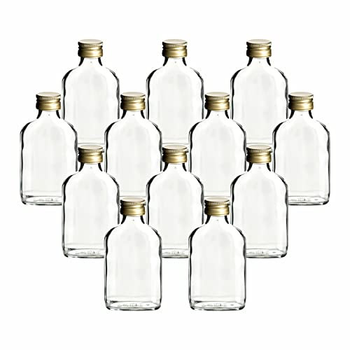 gouveo Set di 12 bottiglie di vetro Fiaschetta da 100 ml con tappo a vite oro - bottiglia piccola da 0,1 l per il riempimento - bottiglie di liquore vuote per whisky, gin, brandy, cognac (FF100G)