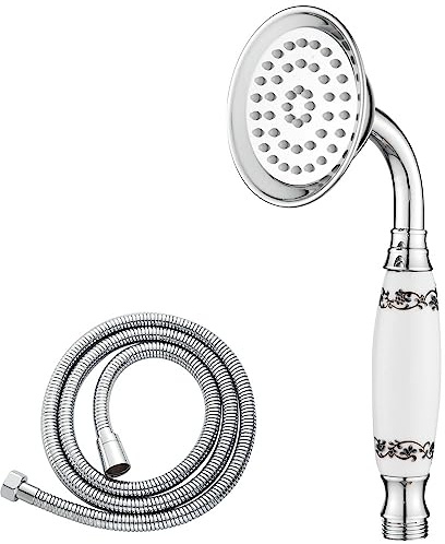 Maynosi handdusch retro, nostalgi duschhuvud med keramiskt handtag, duschhuvud med duschslang och teflonband, metallhanddusch, ersättning regndusch, krom (keramik med mönster)