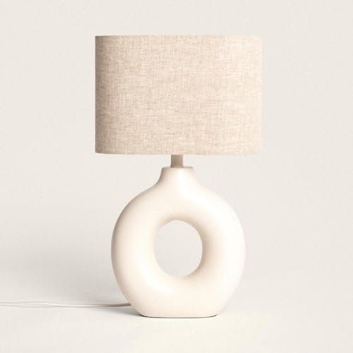 LEDKIA LIGHTING - Lámpara de Mesa Decorativa | Cerámica Beige Artesanal | Pantalla de Tela | Adecuada para Bombillas E27 hasta 40W | Uso Interior, Beige, Cerámica, Tela