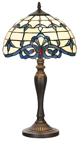 HomeBeauty TL0003 Tiffany Table Lamp Bedside Stained Glass Lamp Blue Baroque Reading Desk Light 12X21.5 Inches for Bedroom Living Room Home Office,Vintage Look Handcrafted Accent Décor
