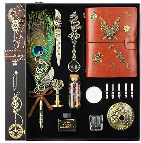 YICMY Schreibfeder Kalligraphie Feder Vintage Federstift Tinte Set mit Notizbuch, Umschlag, Briefpapier, antikes Schreibwaren-Geschenk für Handschriftliebhaber, Weihnachten, Valentinstag (Peacock)