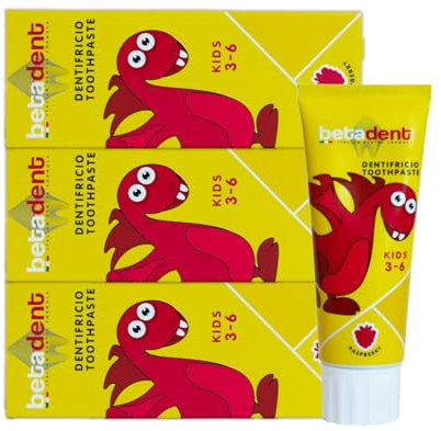 Betadent KIT 3 DENTIFRICIO KIDS per bambini 3-6 anni. Gusto Lampone. Azione anti placca e anti carie. Equilibrato dosaggio di Sali di Fluoro alla concentrazione di 430 ppm F. 3x75ml