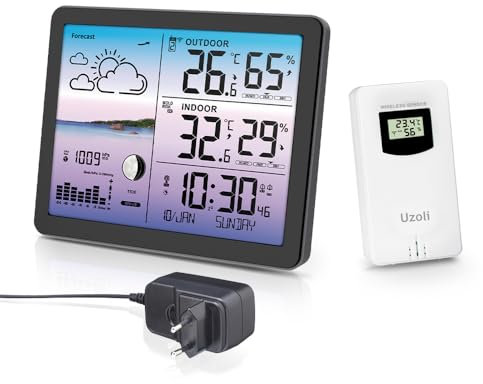 Uzoli Wetterstation funk mit Außensensor Wettervorhersage Funkuhr Innen Außen Thermometer Hygrometer Luftdruck Mondphase Gezeiten Komfortstufe Schimmelrisiko Funkwetterstation Farbdisplay - EM3566D