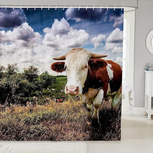 Duschvorhang 200x200 Bœuf Duschvorhänge Animaux de La Ferme Anti Schimmel Waschbar Polyester Textil Shower Curtains für Badezimmer Badewanne mit 12 Haken, Z1241