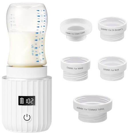 Flaschenwärmer Baby Unterwegs, Reiseflaschenwärmer für Babymilch, 5 Adapters, 4 Temperaturstufen, Elektrischer Flaschenwärmer für Muttermilch Tragbarer Flaschenwärmer für Reisefreundlich mit Display