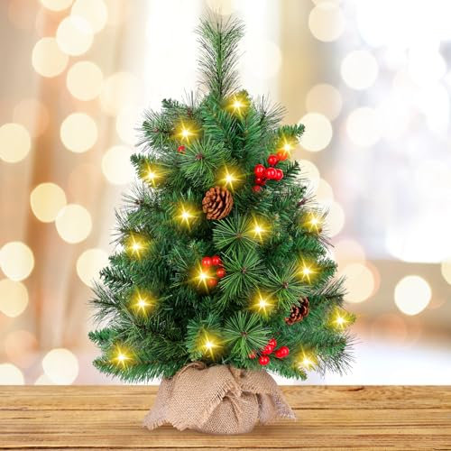 Mini Weihnachtsbaum, 55cm Tannenbaum Künstlich mit Kiefernnadel, Tannenzapfen und roten Früchten, Weihnachtsbaum klein, Weihnachtsdeko für Tisch, Geschenk, DIY, Wohnzimmer, Schlafzimmer, Büro