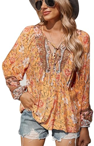 CNTSFS Chemisier pour Femme élégant décontracté Style bohème col en V Motif Floral Tunique Ample à Manches Longues été