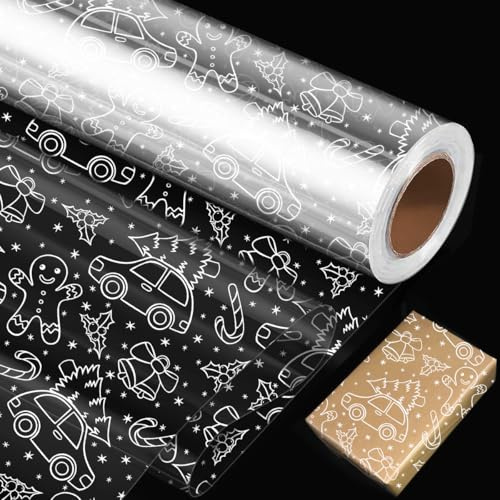 15m*80cm White Cellophane Wrap for Hampers,Clear Cellophane Wrapping Paper Roll Printed with Christmas Tree Bell Gingerbread Man Perfect for Packing Xmas Gift or Flower