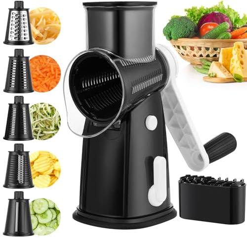 Rotary Cheese Grater Rotary Vegetable Slicer with 5 Interchangeable Blades, Strong Suction Base, Handheld Cheese Rotary Grater for Vegetables, Nuts, Shredder, Julienne, Slices