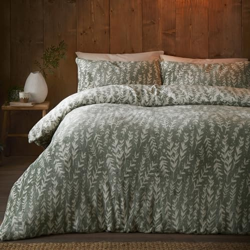 Fusion Snug Winter Foliage Double Duvet Cover Set, 100% Polyester Fleece, 200x200cm, Green, Sprig Print, 2 Pillowcases