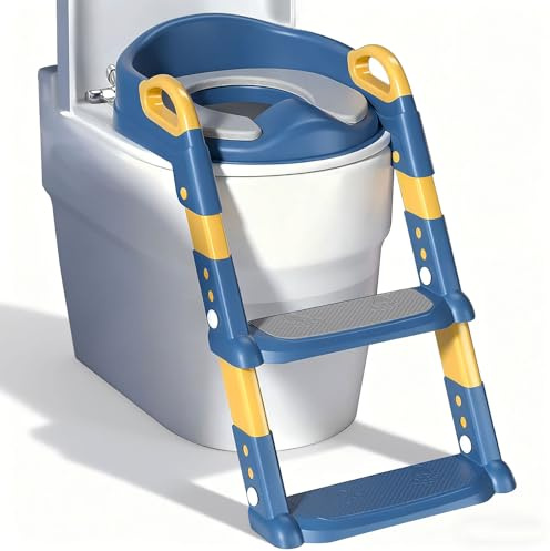 Druuzyl Asiento de Inodoro para Niños con Escalera, Plegable Portátil Infantil Asiento Inodoro, Adaptador Baño para Niños con Cojín Acolchado, Antideslizante y Antisalpicaduras(Bleu)