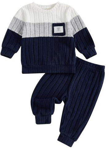 XIXIMAON Completo Bambino 2 Pezzi Abbigliamento Invernale Caldo Maglia a Costine Felpa con Cappuccio a Righe con Maniche Lisce + Pantalone a Contrasto con Cintura Elastica, 18-24 Mesi