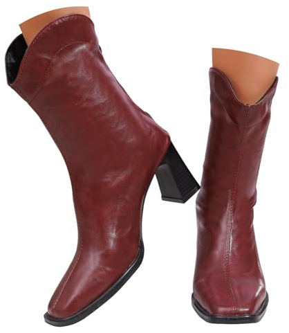 Stövlar dam Mid calf stövlar damstövlar med spetsig tå och medelhög klack, spetsigt tåområde av läder med dragkedja bak, fashionabla och avslappnade stövlar, gummistövletter damer, röd, 37.5 EU