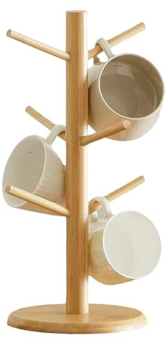 WaaRiuQ Mug Tree 6 Mugs with 4 Non-Slip Pads, Wooden Mug Holder for Kitchen, Cup Holder Kitchen, Mug Stand for Coffee Tea Cups, with Anti-Slip Weighted Base Compact for Space Saving