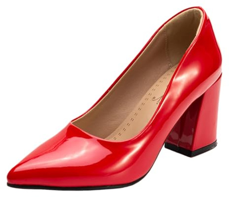 CHICMARK décolleté con tacco a blocco, tacco da 8 cm, punta da donna, effetto pelle laccata dal design classico, comode per l'ufficio e le serate, Colore: rosso, 37 EU