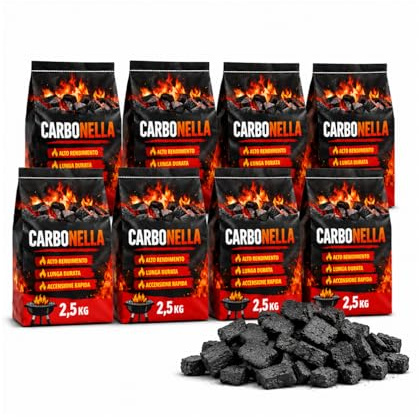 OWIJI Carbonella Per Barbecue Bricchetti 20 Kg Carbone 100% Naturale Bricchette Cottura Veloce Cotture Lente Per Grigliare Carbonella Grill Accensione Facile Carne Pesce Verdure