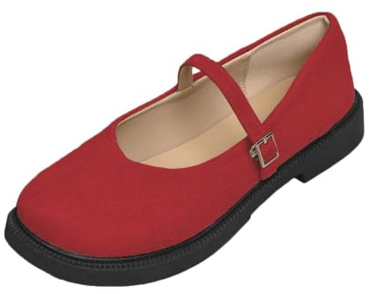 Generisch Mary Jane - Zapatos de mujer con tiras y bailarinas de ante ortopédicas, anchas, cómodas, antideslizantes, planas, deslizantes, con punta redonda, zapatos de mujer, rojo, 36 EU