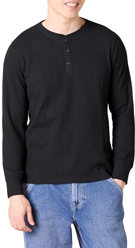 Amazon Essentials Herren Langärmeliges Waffel-Henley, Schmale Passform, Schwarz, XL