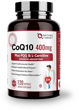 NATURE TARGET CoQ10-400mg with PQQ, Omega-3s & L-Carnitine, High Absorption Coenzyme-Q10 with BioPerine, Supports Heart, Brain, Immune System, Energy Production, 120 Servings
