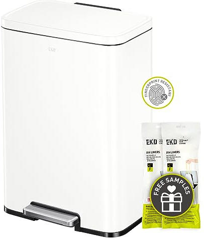 EKO Madison Cubo de Basura Cocina 50L con Pedal y Tapa de Cierre Suave | Blanco Mate Acero Inox Antihuella | Papelera Moderna y Robusta | Gran Capacidad para Reciclaje
