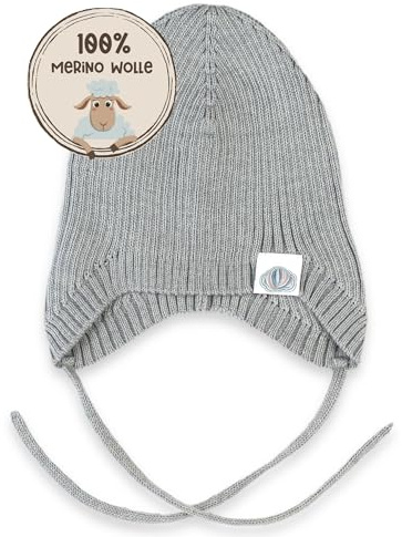 MIRARI Kids Caldo berretto da bambino a coste, lavorato a maglia, in 100% lana merino, unisex, con paraorecchie e laccetti, morbido berretto di lana senza fodera, maglia a coste, grigio., 6 mesi