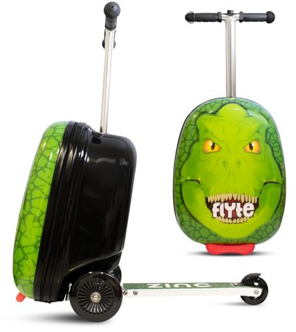 Flyte Scooter Koffer - 2-in-1, 45 cm Reisekoffer Kinder, 25 Liter Fassungsvermögen Kinderkoffer Handgepäck, Reisetasche Kinder mit Rollen, Hartschalenkoffer Kinderreisetasche - Darwin der Dino