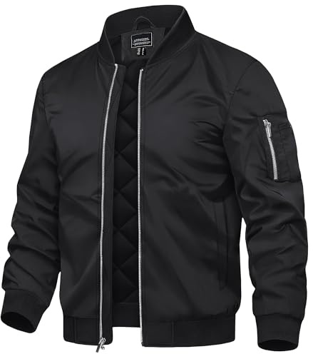 TACVASEN Bomber Jacket Men Men's Coats Winer Men Fleece Jacket No Hood Mens Jackets Casual Stylish Warm Water-Resistant Jackets for Men Black