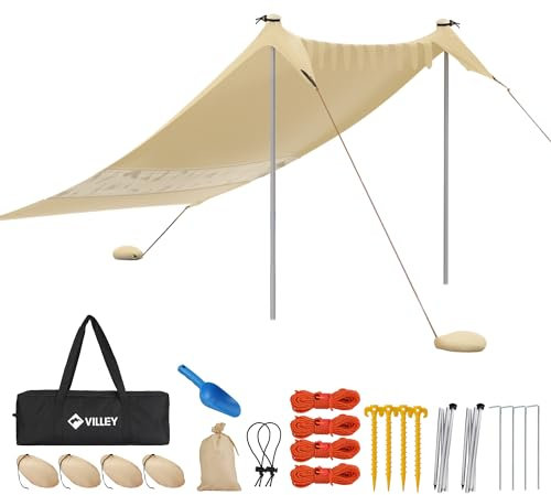 VILLEY Sonnenzelt 2m x 2,4m Khaki, UPF50+ UV Schutz Lycra Strandzelt für 3 Personen, Sonnenschirm Strand mit Sandsack und 2 Stützstäbe für Picknick, Angeln, Sonnenschutz