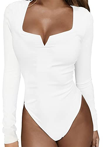 MJGkhiy Body de manga larga para mujer, cuello en V, cuello alto, bodysuit suave Slim Fit Body Suits Elástico Basic Tops Sexy Blusas Camisas Chándal Jumpsuits Camisas Ropa Ofertas, Color blanco., M