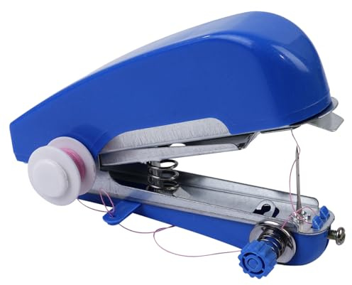 Laroal Mini máquina de coser manual: herramienta de costura portátil con resorte para proyectos de costura, manualidades, artes y manualidades, color azul