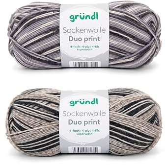 Gründl Ovillo de lana para tejer para 2 pares de calcetines, resistente y delicado con la piel, 75% lana virgen, 25% poliamida, 2 ovillos de 100 g/420 m, grosor de aguja 2,5-3, gris claro, negro