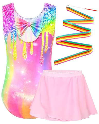 Snowheart Leotards for Girls 8-9 Years Old Shiny Rainbow Drops Gymnastics Tank Bodysuits with Shiny Pink Skirt
