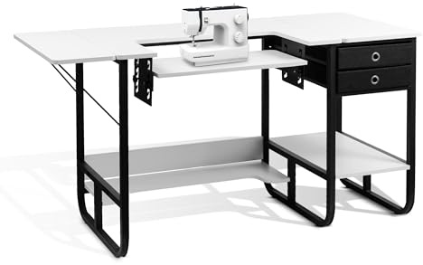 Vividwood Mesa plegable para máquina de coser, mesa de coser multiusos con plataforma ajustable, estante de almacenamiento y 2 cajones de tela (blanco cálido)
