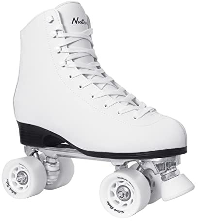Nattork Roller Skates for Women, PU Leather High-top Quad Skates for Beginner, Indoor Outdoor 4 Wheels Double-Row Skates for Adults (White, Women's 9/ Men's 8)