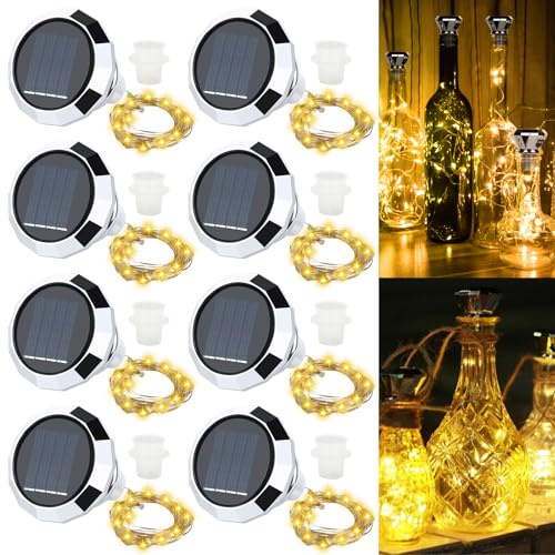 HIULLEN 8 luci solari a LED per bottiglie, 2 m, 20 LED, per esterni, in sughero, per bottiglie di vino, fai da te, feste, giardino, decorazioni per matrimoni (bianco caldo)