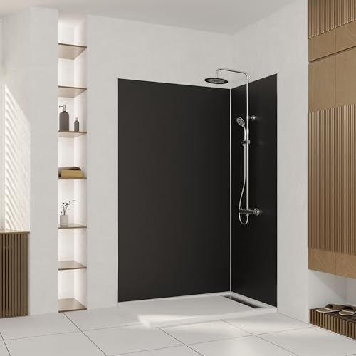 Marwell Urbanox Pannello da parete nero 120 x 210 cm – con profilo di finitura nero – Pannello composito in alluminio senza giunte come parete posteriore della doccia e parete posteriore della cucina