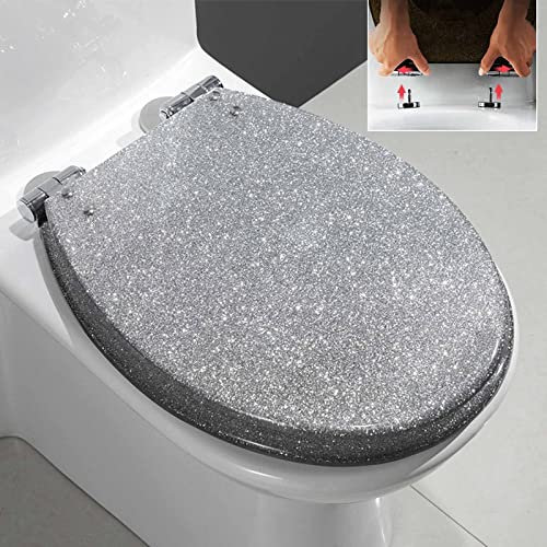 IBOWZ Toilet Seat, Black Sparkly Glitter Slow-Close Round, Quick-Release, Gold