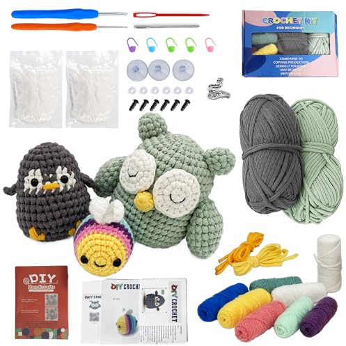 Virkat set djur, virkade startset för nybörjare, stickset med instruktioner, komplett virkset djur, mjukt garn med stickade tillbehör, virkade startkit, för gör-det-själv (pingvin, bin, uggla)