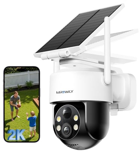 Mrowly 2K Telecamera WiFi Esterno Senza Fili Solare, Installazione Flessibile Videocamera Sorveglianza Esterno con Batteria, 3MP Visione Notturna a Colori, 360° PTZ, Rilevamento PIR, 2.4GHz, IP65