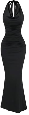 GORGLITTER Women's Draped Halter Tie Backless Fishtail Dresses Ruched Bodycon Maxi Night Out Dress Black Small
