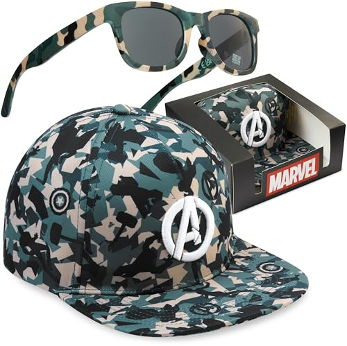 Marvel Avengers Cappello Baseball Occhiali da Sole Bambino Set, Protezione UV 100%, Essenziale Vacanze, Regalo per Ragazzi (Camo Avengers)